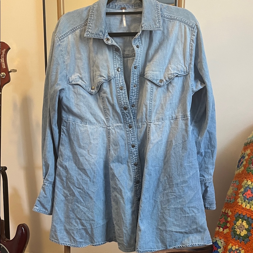 Free People Light Wash Denim Mini Shirt Dress